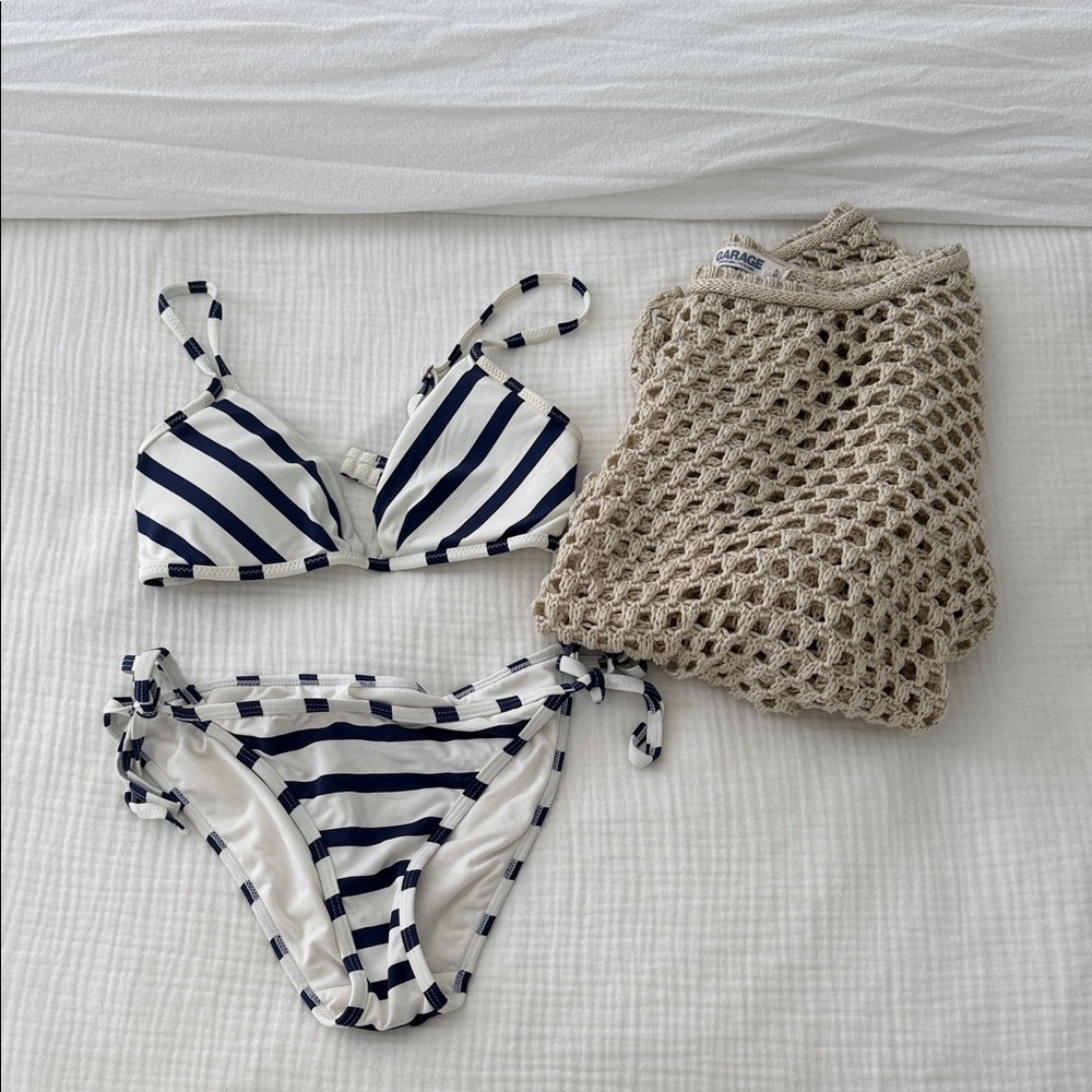 5/30❤️‍🔥 Vintage Garage Striped Bikini Set with Crochet Cover-Up